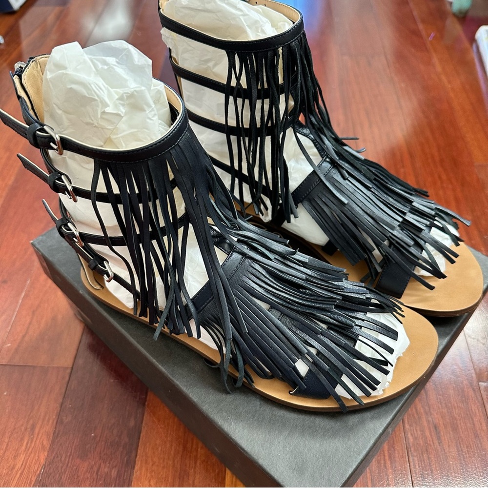 J Crew Navy Fringe Tall Gladiator Sandals